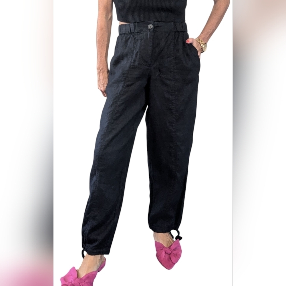 Zara 100% Linen Black Tie Ankle Tapered Pants XS Relaxed